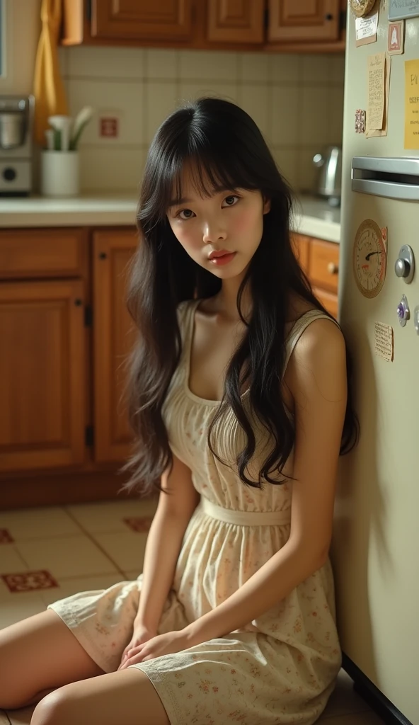 High resolution photos,One with long hair、Young woman with bangs sitting on floor in cozy vintage kitchen。She has exquisite appearance、skin porcelain,The image has some childish qualities。Her face and posture exude an aura of fragility and innocence,It is easy for people to have a feeling of wanting to protect and care。her gentle eyes、Beautiful facial features,Plus the warm environment she lives in,All enhance this endearing effect。Wearing a light-colored sleeveless floral pattern dress,Exudes a soft and refined scent,Highlighted her slender figure,Enhances the exquisite nostalgia of the scene。Her posture is slightly relaxed,with a hint of melancholy,Adds a layer of depth and emotion to her presence。She has a long and black head、silky hair,Use slender bangs to gently frame her face。The contours of her face are soft and delicate,A nose and full pink lips add subtle allure。Her large, almond-shaped eyes are expressive,Dark eyelashes highlight her gentleness、thoughtful gaze。A light blush on the cheeks,Bringing out her overall youthful innocence。The kitchen is cozy、nostalgic atmosphere,Comes with wooden cabinets、Refrigerator covered with magnets and sticky notes and beige tiles with traditional design,Emphasis on sophistication and nostalgia。Warm and soft lighting,create a soft、warm atmosphere。Woman's expression thoughtful,Slightly melancholy,Adds depth and emotion to the scene。
• Resolution:High resolution (300 dpi) Imaging ensures fine details are captured。
• Aperture:Use a wide aperture(f/2.0)shot,Produce shallow depth of field,Softly blurred background,Keep the focus on women。
• Shutter speed:Moderate shutter speed(1/100 sec)Scenes that can capture natural movements,maintain clarity,without any motion blur。
• ISO:Low ISO (100) Used to minimize noise and maintain image clarity。
• Color temperature:Imagery and Warm Colors(About 5000K)Keep it balanced,Enhance the cozy atmosphere of the kitchen。
• Exposure:Increase the exposure slightly to highlight the female fea