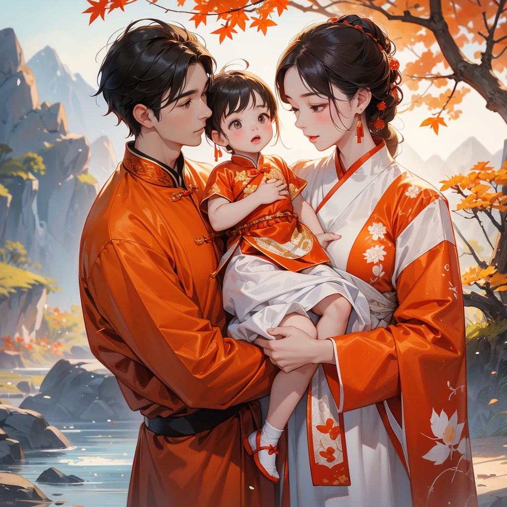A one-year-old baby boy in an ancient Chinese baby costume with his beautiful mother, dressed in an white ancient Chinese costume, The backdrop is a mountain that turns orange-red in spring, and maple leaves fall from the trees, playing with each other, with his handsome father standing next to his mother, close up.