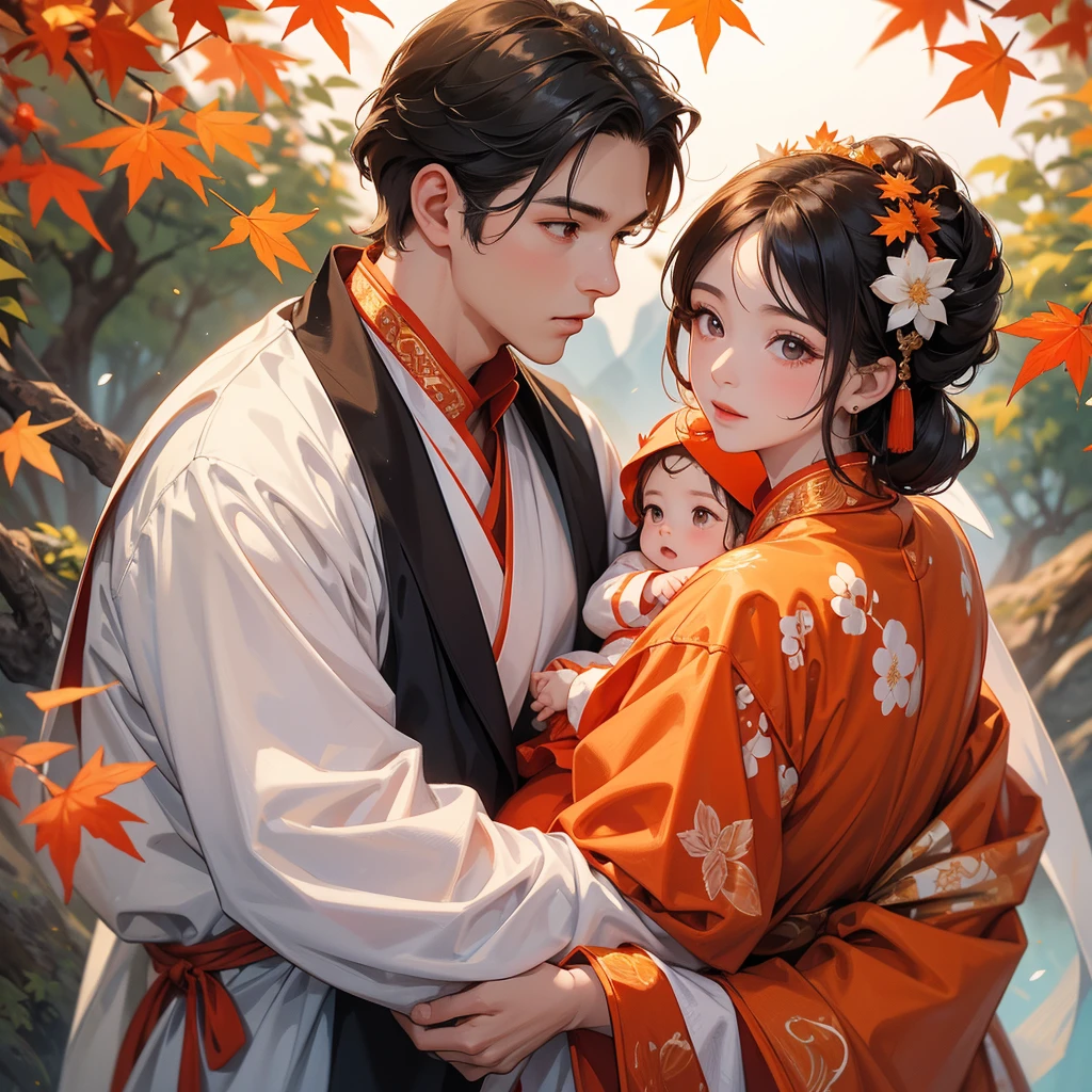 A one-year-old baby boy in an ancient Chinese baby costume with his beautiful mother, dressed in an white ancient Chinese costume, The backdrop is a mountain that turns orange-red in spring, and maple leaves fall from the trees, playing with each other, with his handsome father standing next to his mother, close up.