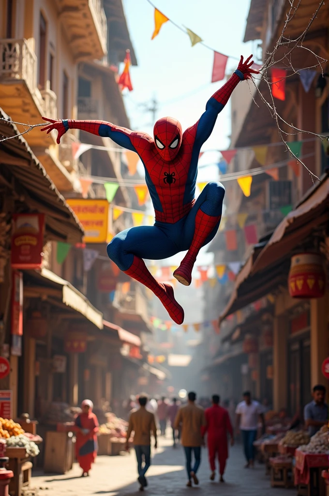 Spiderman, Superman, walking in ,indian street,blur Nikon camera image,crowd , High revolution, ultra detailed, masterpiece, top quality --auto --s2
