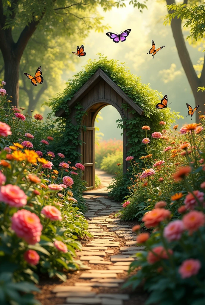 A place filled with flowers and greanery with a spot in the middle (a small gateway) with small butterflies scattered around.. A bloom of angelic light everywhere