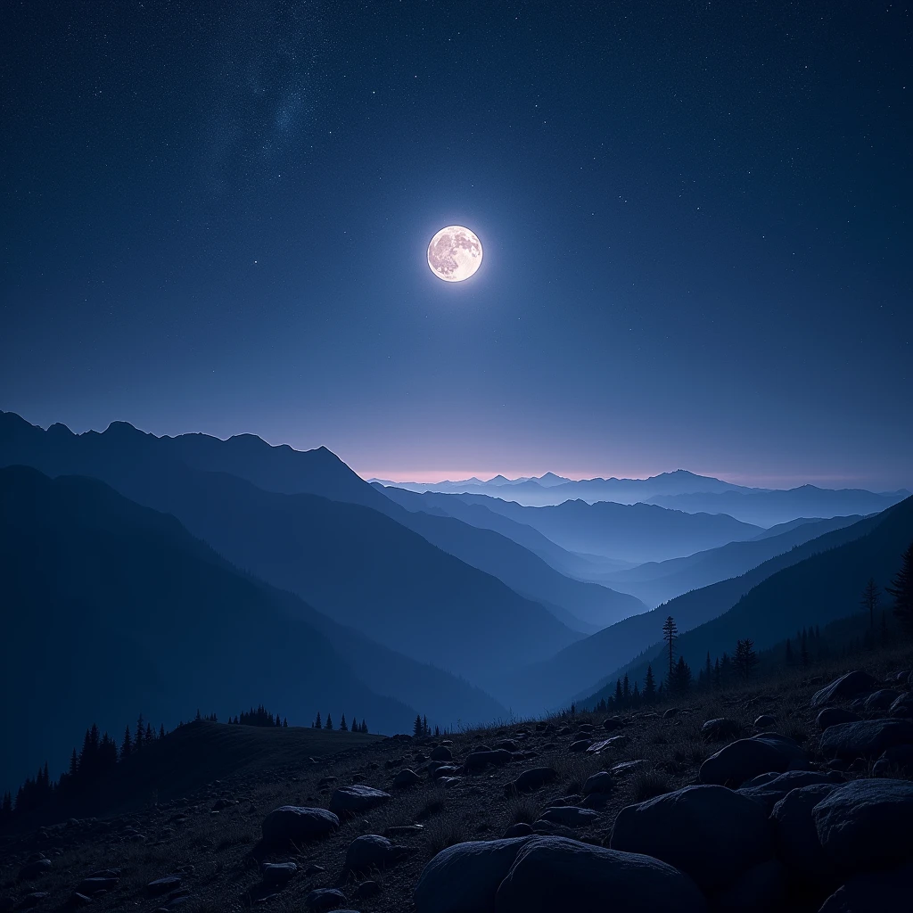 starlit night on the mountain, new moon, shimmering stardust, dramatic lighting, deep blue and purple tones, (best quality,4k,8k,highres,masterpiece:1.2),ultra-detailed,(realistic,photorealistic,photo-realistic:1.37),cinematic composition, dramatic chiaroscuro lighting, moody atmosphere, intricate star patterns, ethereal beauty, mystical ambience