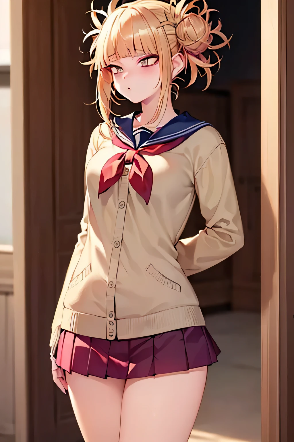 ((one girl)), (two tails), blonde, Beautiful face and eyes, Pink eyes, (Amazingly beautiful girl), blonde, (Expensive , pleated miniskirt:1.5), ((top quality)), (very detailed), (very detailed CG wallpaper with built in 8k wallpaper), Expensively detailed, Expensive-definition raw color photos, Professional photography, (((hips))), Depth of written border, hands behind your back