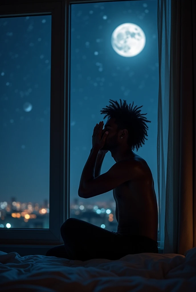 Create realistic images of a hotel window at night with the moon and stars shining and a young 20 year old man with brown skin and hair in twist locks with his hands covering his face as if he is crying. sitting by the window