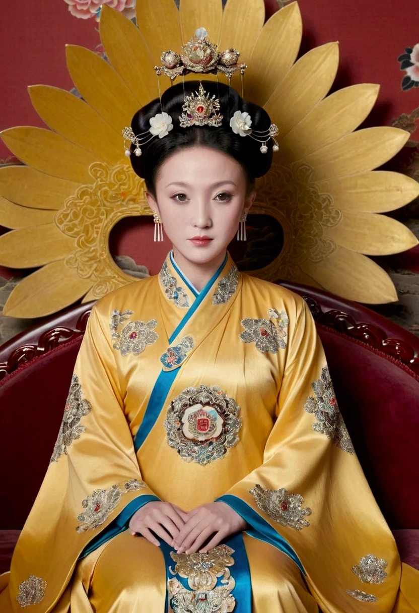 From the pre-Qing period, The Empress sits on a large golden sofa in the palace, Her legs were spread, At the Chinese court during the Qing Dynasty, Empress of the Qing Dynasty, Wearing the great crown of the Chinese Empress, Belly and thighs visible from below.。She is completely nakedwing off gorgeous large flowers and hairpins, She tied her hair up and pulled it up, 背景はEmpress of the Qing Dynastyの豪華な宮殿.