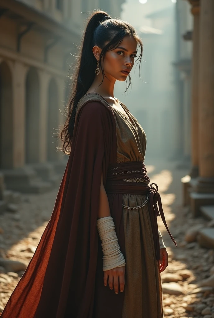 Phoyo realism, beautiful, tall young
women, black hair, wearing a brown cloak, with white bandages on her arm and neck, brown boots, pony tail, boyish, black eyes, white skin tone, looks like a goddess