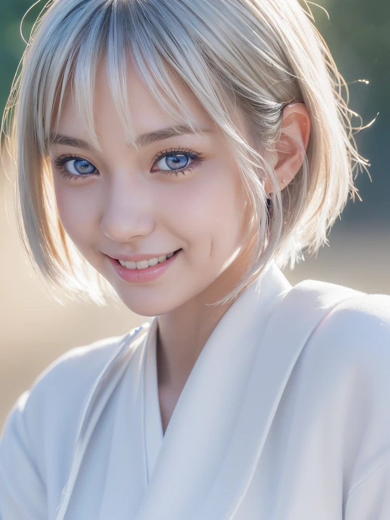 (A beautiful girl in a bright nordic setting, face lighting, realistic, cute, sexy, slim, extremely detailed eyes, droopy eyes,Attractive big shiny clear blue eyes, cutei eyes,beautiful eyes,charming big eyes,extremely detailed face:1.5),(best quality:1.4), (masterpiece:1.5),(ultra-detailed:1.2), (realistic:1.3),(ultra short hair:2.0),(fluffy hair,silver hair:1.25),(close-up of face,smiling:1.25), (japanese highschool white uniform:1.5),detailed skin, intricate details, high quality, detailed background, soft lighting, detailed clothing, natural pose, cinematic lighting, volumetric lighting, digital art, photorealistic, vibrant colors, sharp focus, hyper detailed,Highres fix
