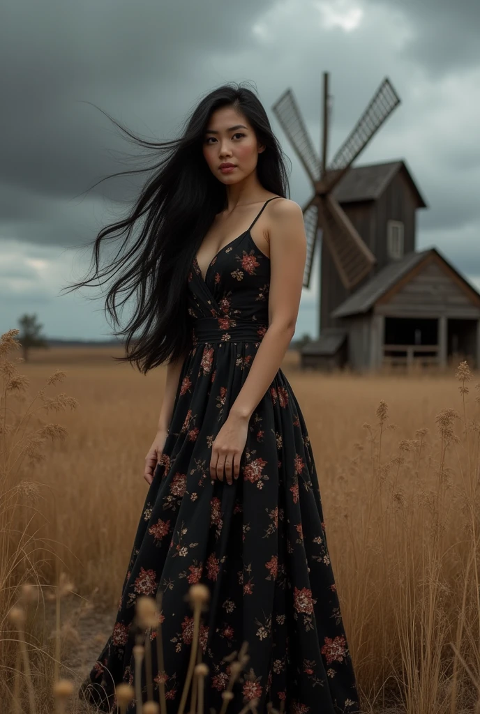 ((best quality)), ((masterpiece)), (detailed), Professional portrait, a curvy Asian woman with long black hair, wearing a black floral dress, wearing boots, standing with dynamic pose in the middle of dry weeds, a large old unkempt mill is visible, there is a dark cloudy sky, giving a cloudy atmosphere in the afternoon