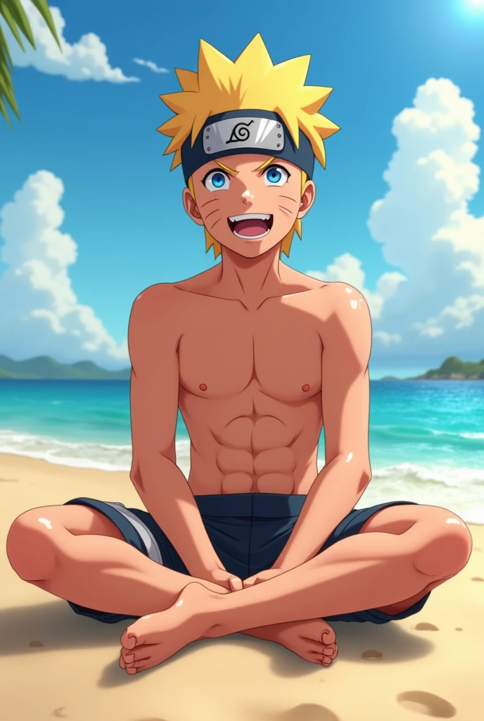 Imagen animada con estilo realista en HD de Naruto Uzumaki  descalzo mostrando la planta de los pies de cerca 👣 sentado en la playa sonriendo sin camisa 
