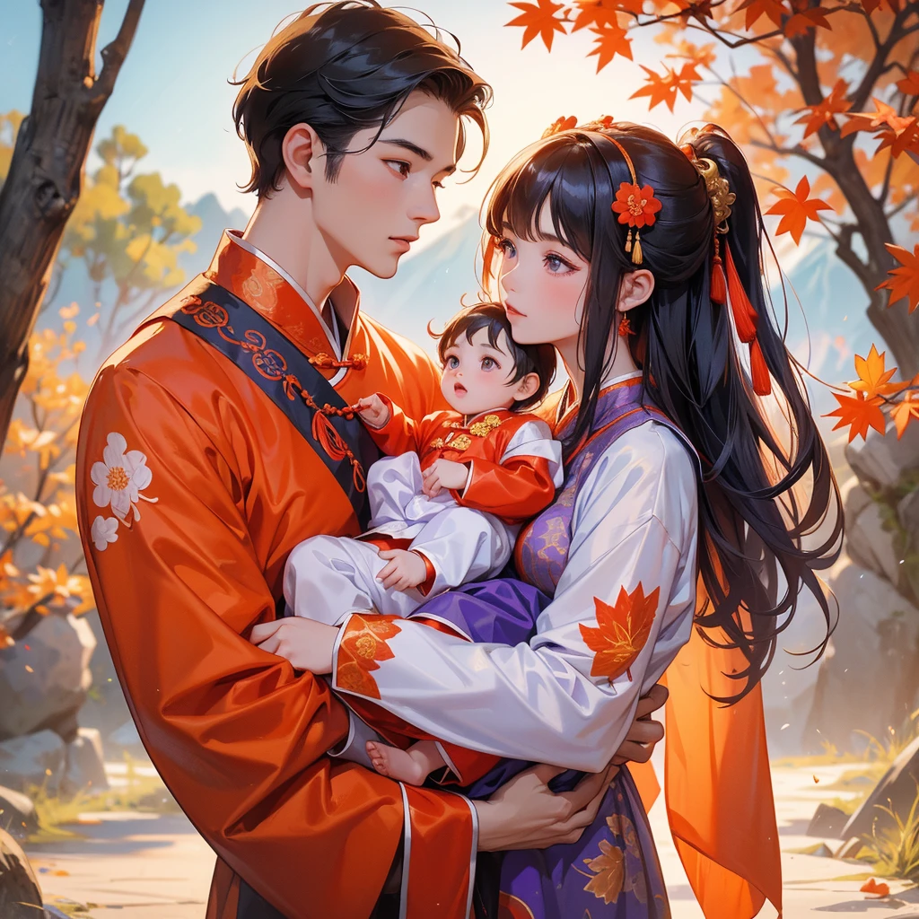 A one-year-old baby boy in an ancient Chinese baby costume with his beautiful mother, dressed in an purple ancient Chinese costume, The backdrop is a mountain that turns orange-red in spring, and maple leaves fall from the trees, playing with each other, with his handsome father standing next to his mother, close up.
