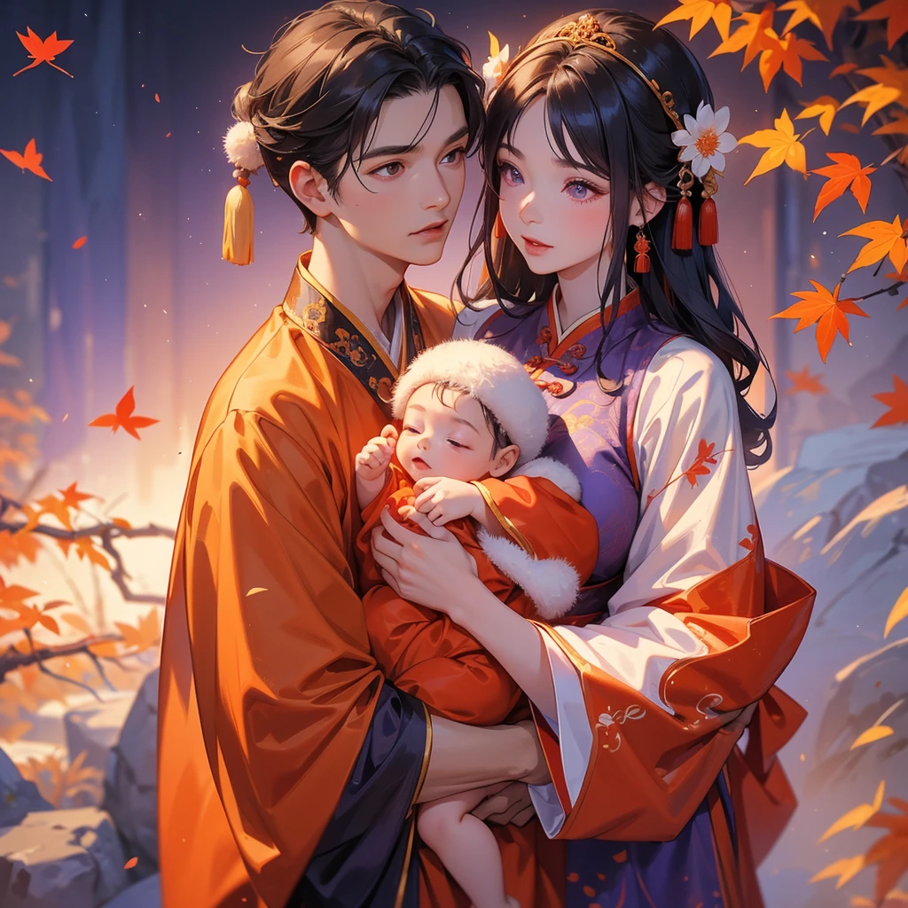 A baby boy in an ancient Chinese baby costume with his beautiful mother, dressed in an purple ancient Chinese costume, The backdrop is a mountain that turns orange-red in spring, and maple leaves fall from the trees, playing with each other, with his handsome father standing next to his mother, close up.