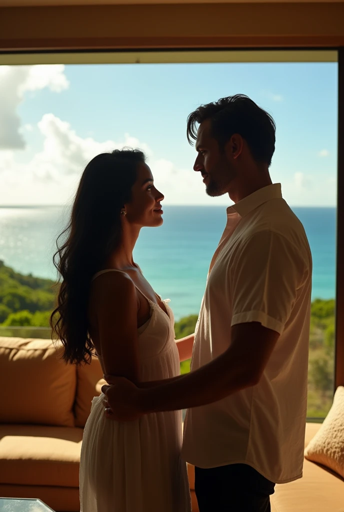african girl, 19 ans, long black hair, looking into the eyes of a white guy, good looking, shaggy hair,sitting in a large luxury modern living room, tan furniture, dark lighting, day, panoramic view of Hawaii out of the window, wearing zimmermann, detailed, hd