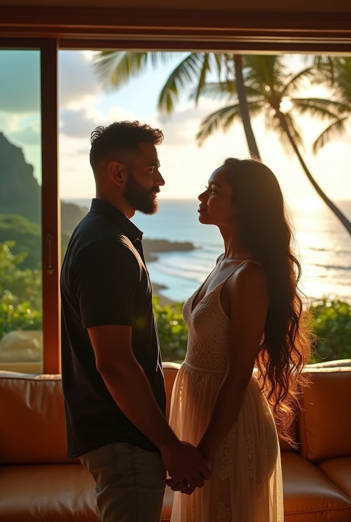 african girl, 19 ans, long black hair, looking into the eyes of a white guy, good looking, shaggy hair,sitting in a large luxury modern living room, tan furniture, dark lighting, day, panoramic view of Hawaii out of the window, wearing zimmermann, detailed, hd