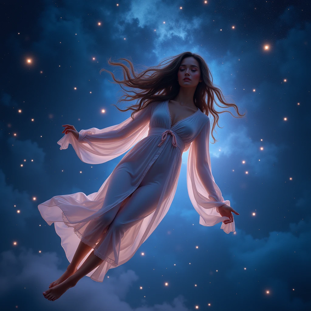 A beautiful woman in pajamas floating in the detailed starry midnight sky, detailed stars, ethereal, glowing, dreamlike, (best quality,4k,8k,highres,masterpiece:1.2),ultra-detailed,(realistic,photorealistic,photo-realistic:1.37),vibrant colors,dramatic lighting,mystical,surreal,fantasy,ethereal atmosphere