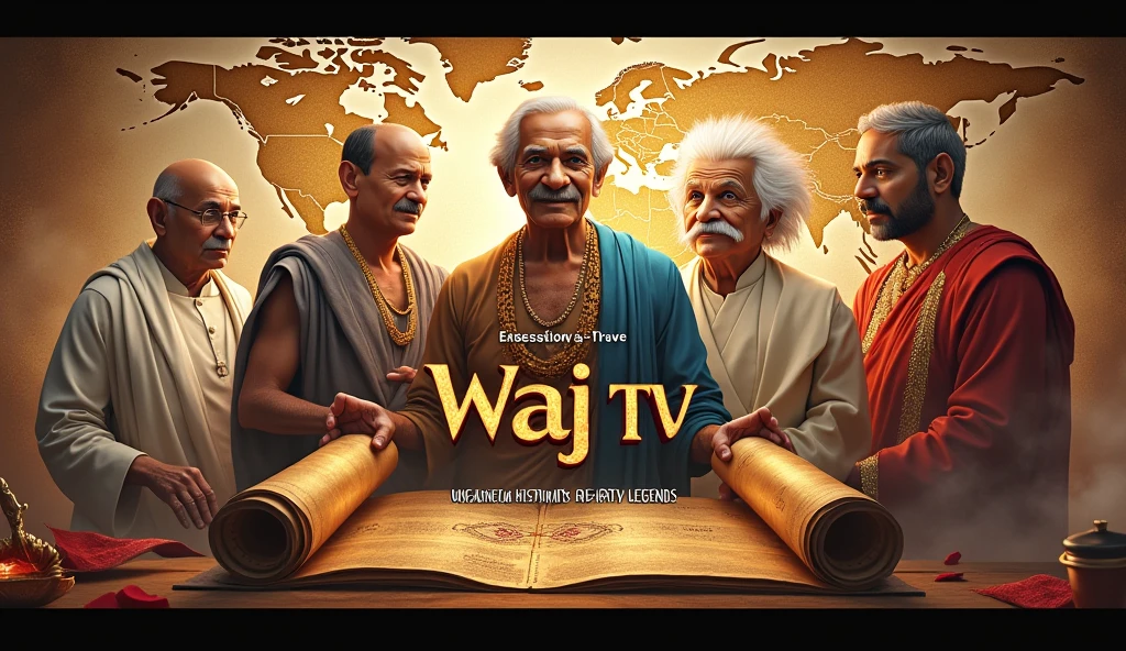Design a dynamic YouTube channel cover for a history-based channel named Waj TV, which focuses on historical facts and great figures who have had a lasting impact on the world. The cover should be visually captivating, featuring a blend of prominent historical figures such as Mahatma Gandhi, Napoleon Bonaparte, Albert Einstein, and Buddha, all positioned in a way that symbolizes their contribution to the modern world.
Incorporate elements like an ancient scroll, world maps, or historical artifacts that subtly highlight different eras and cultures. The color scheme should be a mix of rich earth tones (like browns and golds) with accents of royal blue or deep red to convey a sense of importance and grandeur. The title Waj TV should be bold and prominent in the center, with a tagline below it, such as 'Unveiling History’s Greatest Legends.' The overall feel should be educational yet inspiring, drawing viewers in with a promise of profound historical insights."