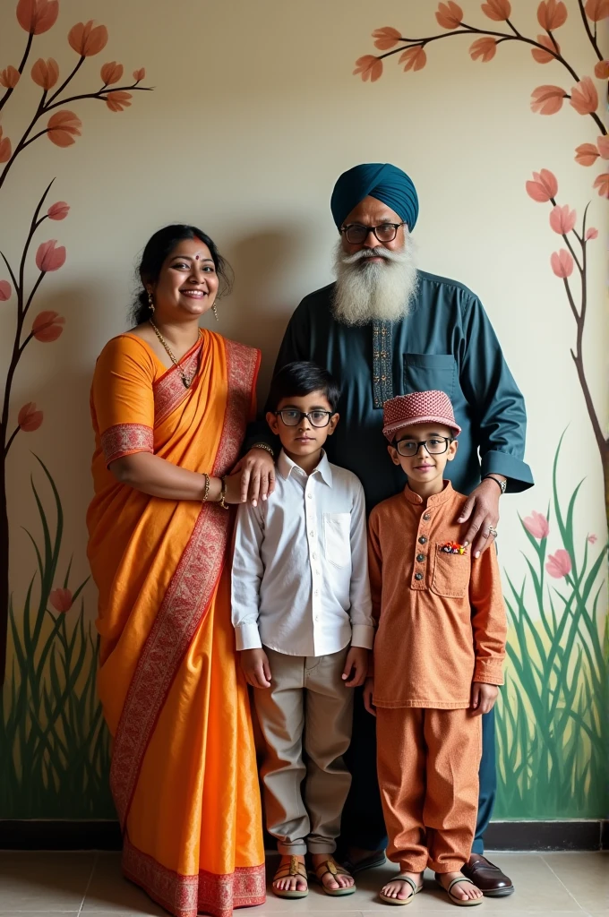 Create a family portrait of a Bangladeshi Muslim family with five members. The mother is a 45-year-old overweight woman weighing 90 kg. The father is a 65-year-old man with a white beard, wearing a cap and a traditional Punjabi outfit. The eldest son is 21 years old, wearing glasses, a shirt, and pants. The middle daughter is 19 years old, wearing glasses and a hijab. The youngest son is , dressed in a cap and a Punjabi outfit.