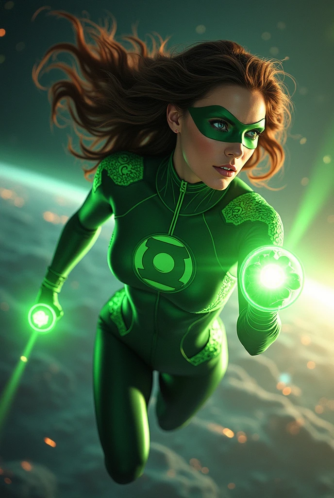 Green Lantern brunette woman flying towards a planet,beautiful,royal with his power ring shining,with a mask throwing rays from his ring