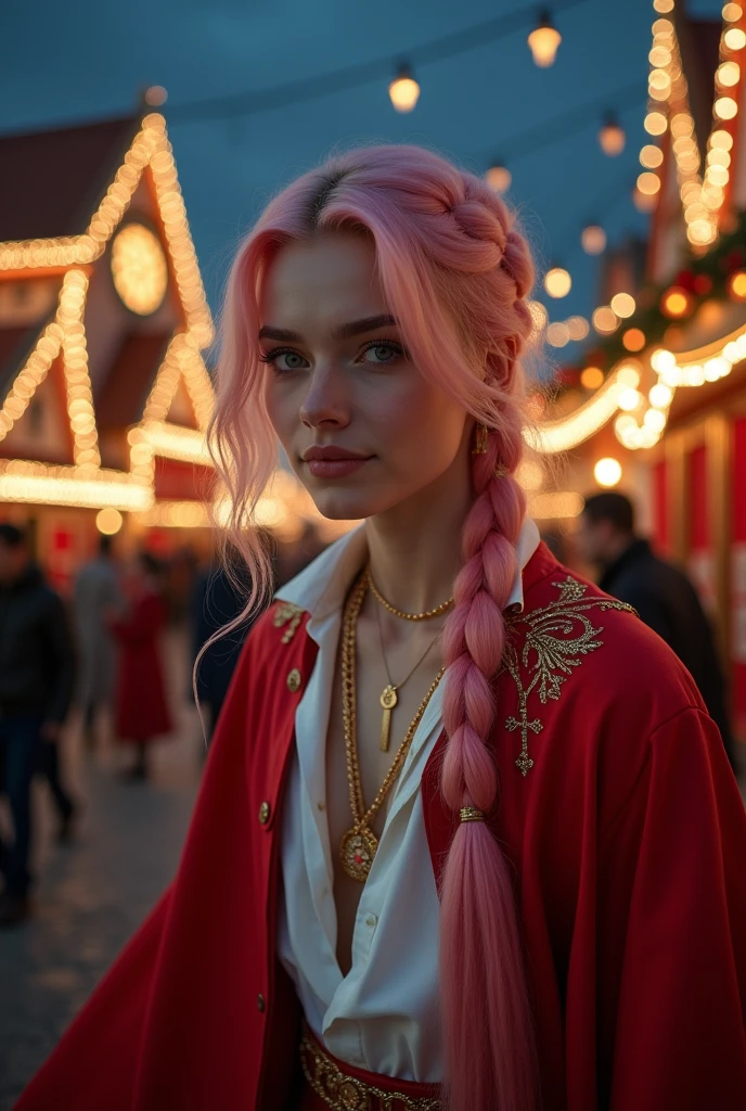 ((Masterpiece, Best Quality, Highest Image Quality, High Resolution, Photorealism, RAW Photos, 8k)), A beautiful man, pale skin, fine feature, unisex face, lightly smile, long hair, pink pink haired, one braid, hair flying in the wind, show forehead, gold jewelry, open white shirt, thin red cloak. Outdoors, in the night circus, gothic architecture, Christmas.