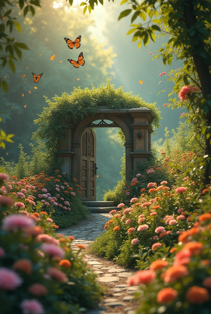 A place filled with flowers and greanery with a spot in the middle (a small gateway) with small butterflies scattered around.. A bloom of angelic light everywhere