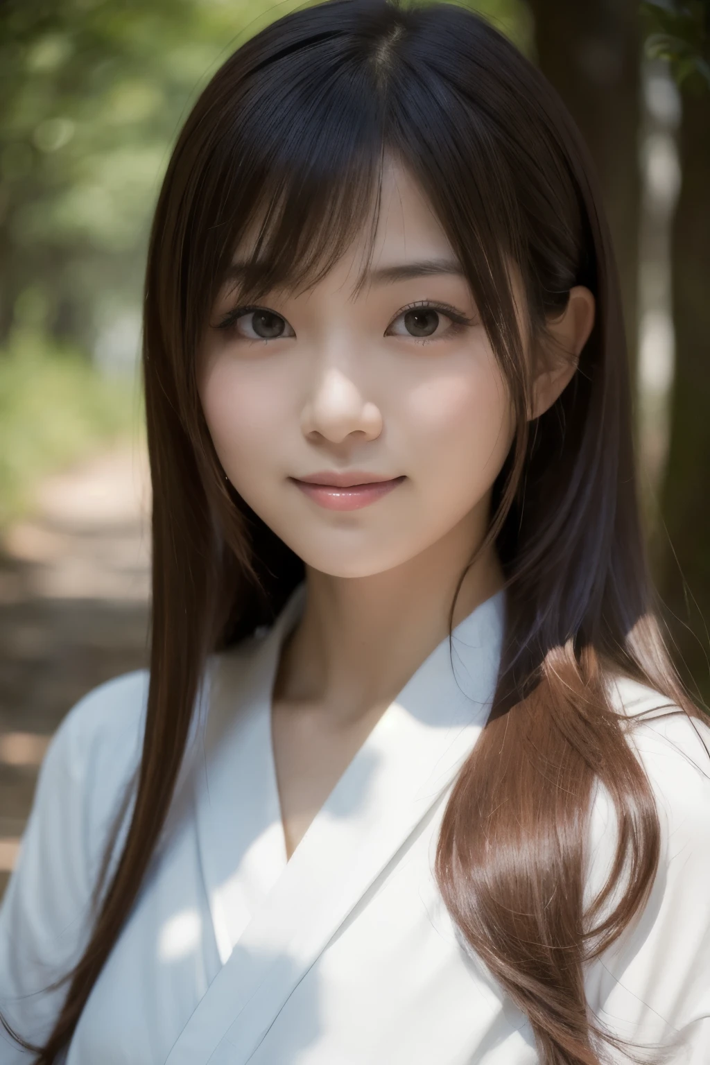 best quality, face focus, soft light, ultra high res, (photorealistic:1.4), RAW photo,(Shinozaki Ai), white skin, kawaii,
1 Japanese girl, solo, cute, (smile), (pupil, lights in the eyes),  detailed beautiful face, Medium-sized breasts,(high resolution detail of human skin texture),(long hair),(portrait), upper body, white traditional kimono, in the forest,