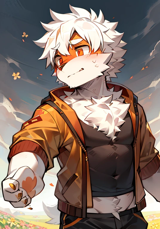 Bright eyes,panoramic,character focus,Solitary,hairy,hairy male,Male focus,Flower Charcoal,(Body hair,hairy的尾巴,Off-white fur,Orange-red eyes,White hair,Orange jacket,Grey shorts:1.2)Background grassland,Running on the steppe,juvenile,cute,Q version
