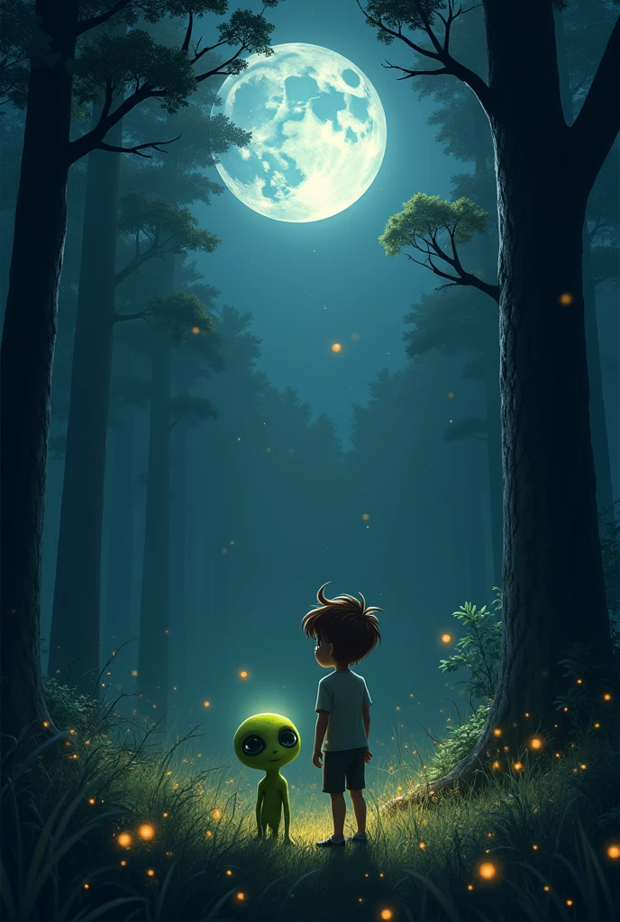 A  boy looking at a lost alien at night 