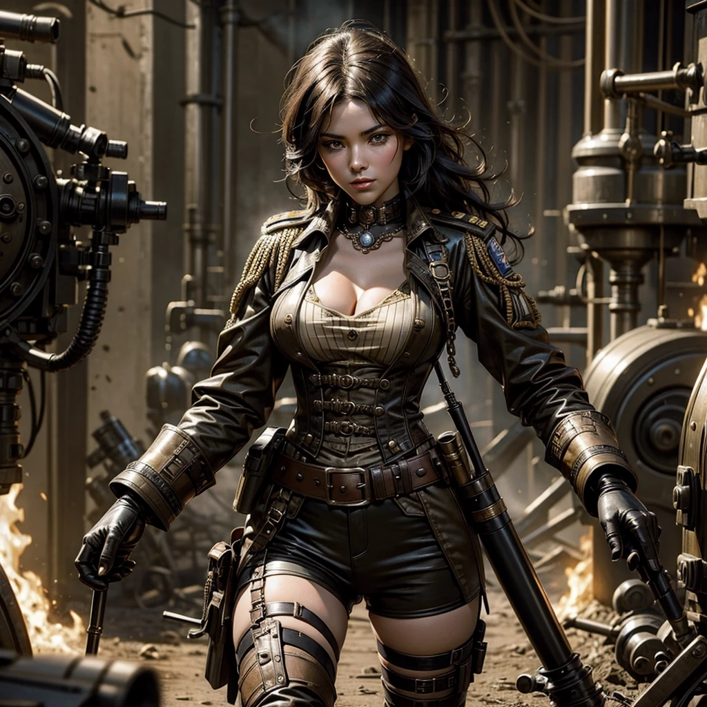 a sexy hot woman in a steampunk military uniform is ready to fight in a battlefield, surrounded by threatening surreal figures.