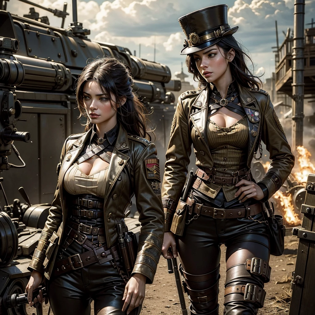 
A sexy woman in a steampunk military uniform on a battlefield giving orders to the troops steampunk,dynamic, photo-realistic,hyper-detailed 