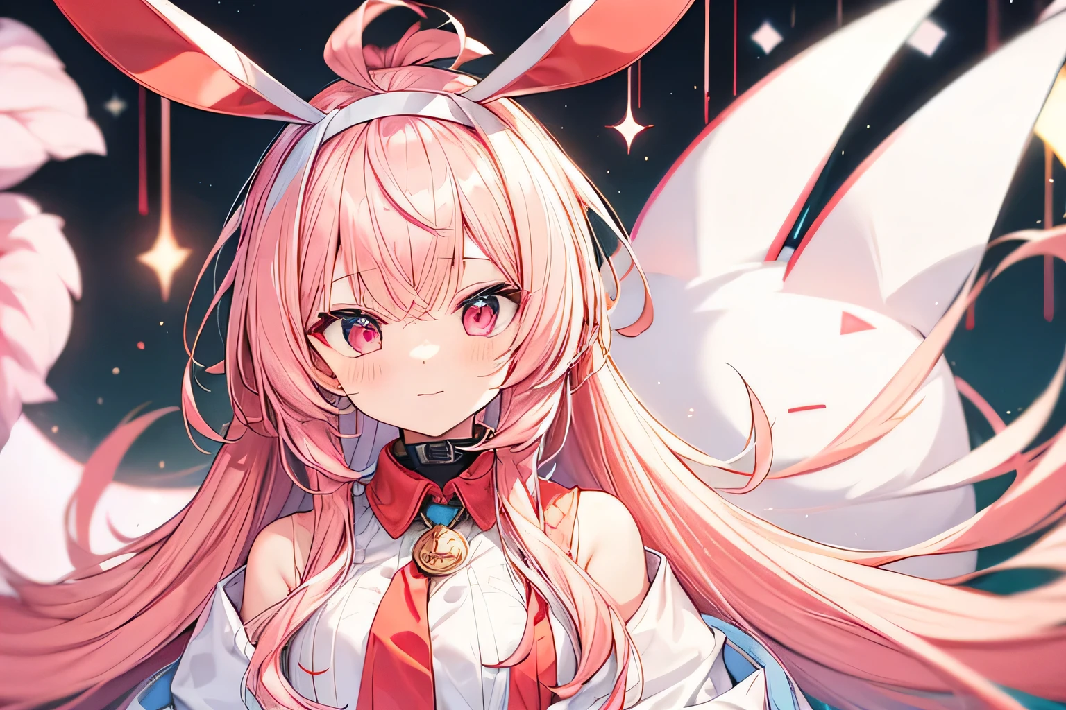 Cyber World game White rabbit ears headband Red clothes Pink Hair