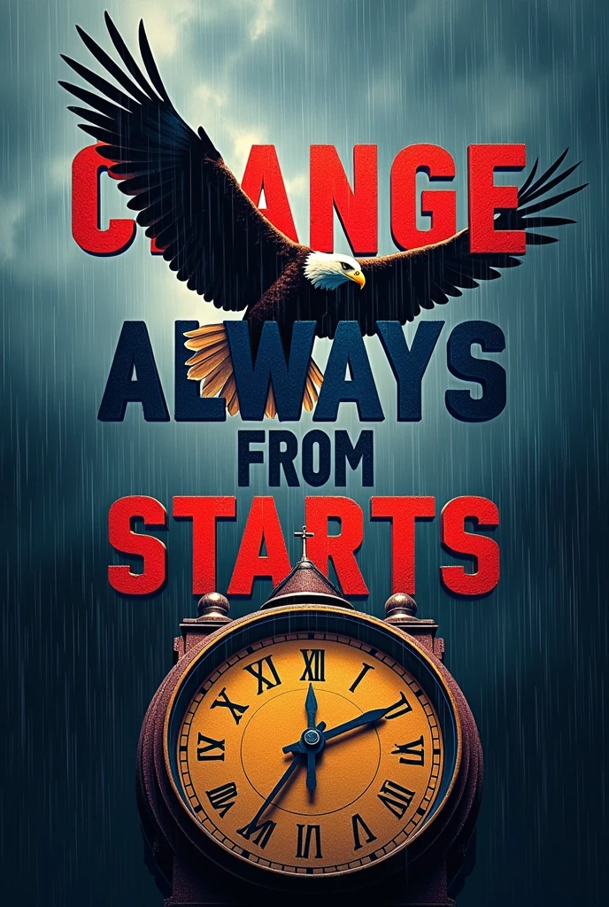  create a text image of the santance (CHANGE ALWAYS STARTS FROM TODAY) with bold letters of red,black ,blue, orange. It should be eye catching. On the background a clock . An egle flying above the rainy clouds 