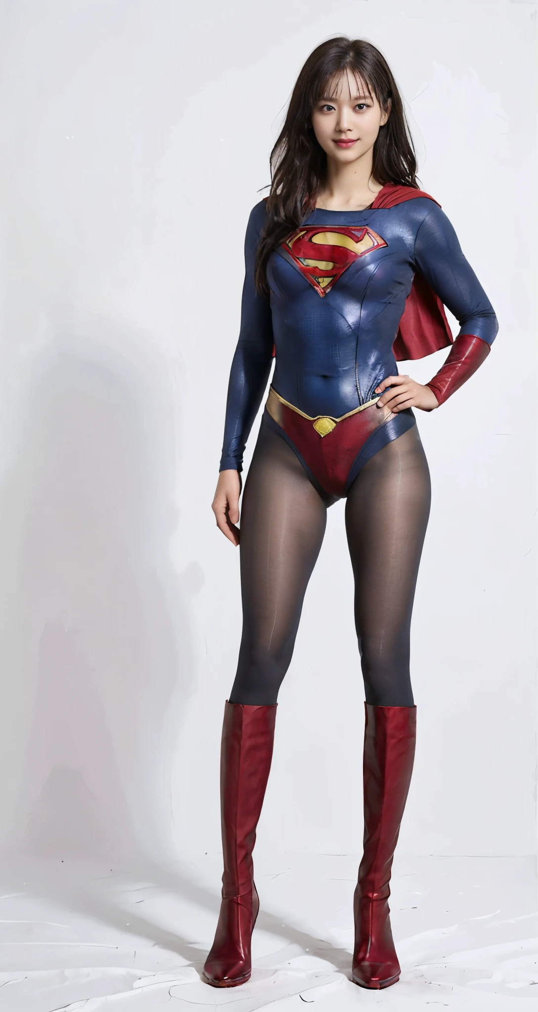 No background、(((Beautiful legs in black tights.)))、(((Legally express the beauty of your smile)))、((((Make the most of your original images)))、(((Supergirl Costume)))、(((Beautiful Hair)))、(((suffering)))、(((Please wear black tights....、Wear red boots)))、((Best image quality、8k))、((Highest quality、8k、masterpiece:1.3))、(((Preserve background )))、Sharp focus:1.2、Beautiful woman with perfect figure:1.4、Slim Abs:1.2、Wet body:1.5、Highly detailed face and skin texture、8k