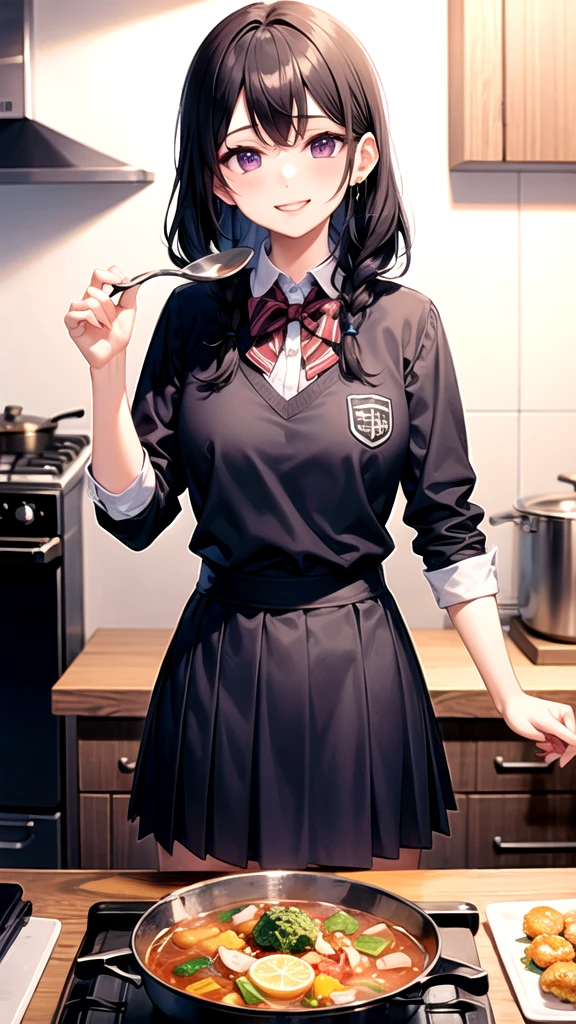 highest quality, A high school girl with long, dark blue hair,School uniforms, Purple eyes,smile,Cooking a fancy soup on the stove ends in disaster,She's going to drop the plate