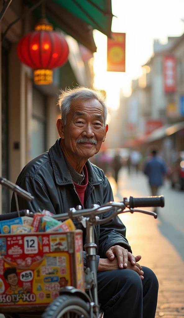 Mr. Tu is over 60 years old, has a gentle, tanned face, with mischievous small eyes and a thin silver mustache. Help him whiten and cut short and neat. He always smiled brightly, creating a feeling of closeness and friendliness.Mr. Tu sat selling lottery tickets next to his bicycle
