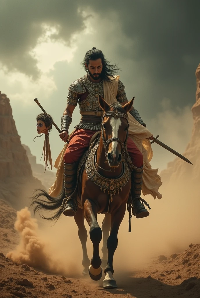 A Rajput warrior goes to fight on a horse with his wife's severed head tied around his neck.