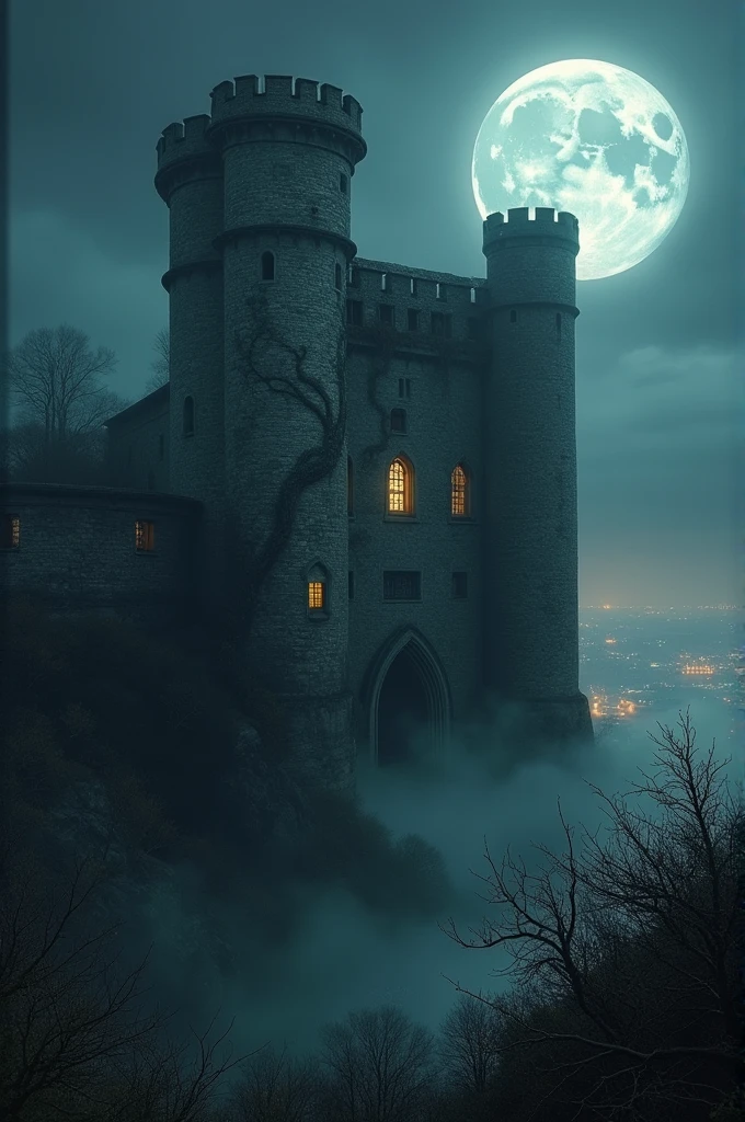 Image of an ancient, large castle situated on the outskirts of a city at midnight with a dark, mysterious atmosphere.*