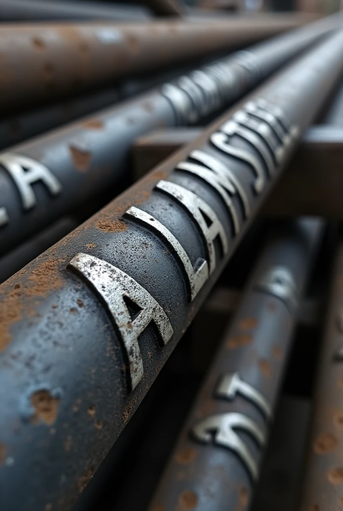 Generate a high-quality, detailed image of a steel rebar (sariya) with visible ribs running along its length. The rebar should have the text "ALAM STEEL" embossed deeply into the surface, in bold, industrial-style lettering that wraps around the rebar's curvature. The ribs should be pronounced, following the spiral pattern typical of reinforced steel bars. The text "ALAM STEEL" should look like it's been stamped or engraved into the metal, maintaining a strong, durable appearance, with the metallic texture and sheen clearly visible. Ensure that the overall design of the rebar reflects the realistic look of a construction-grade steel rod with all the characteristic features.