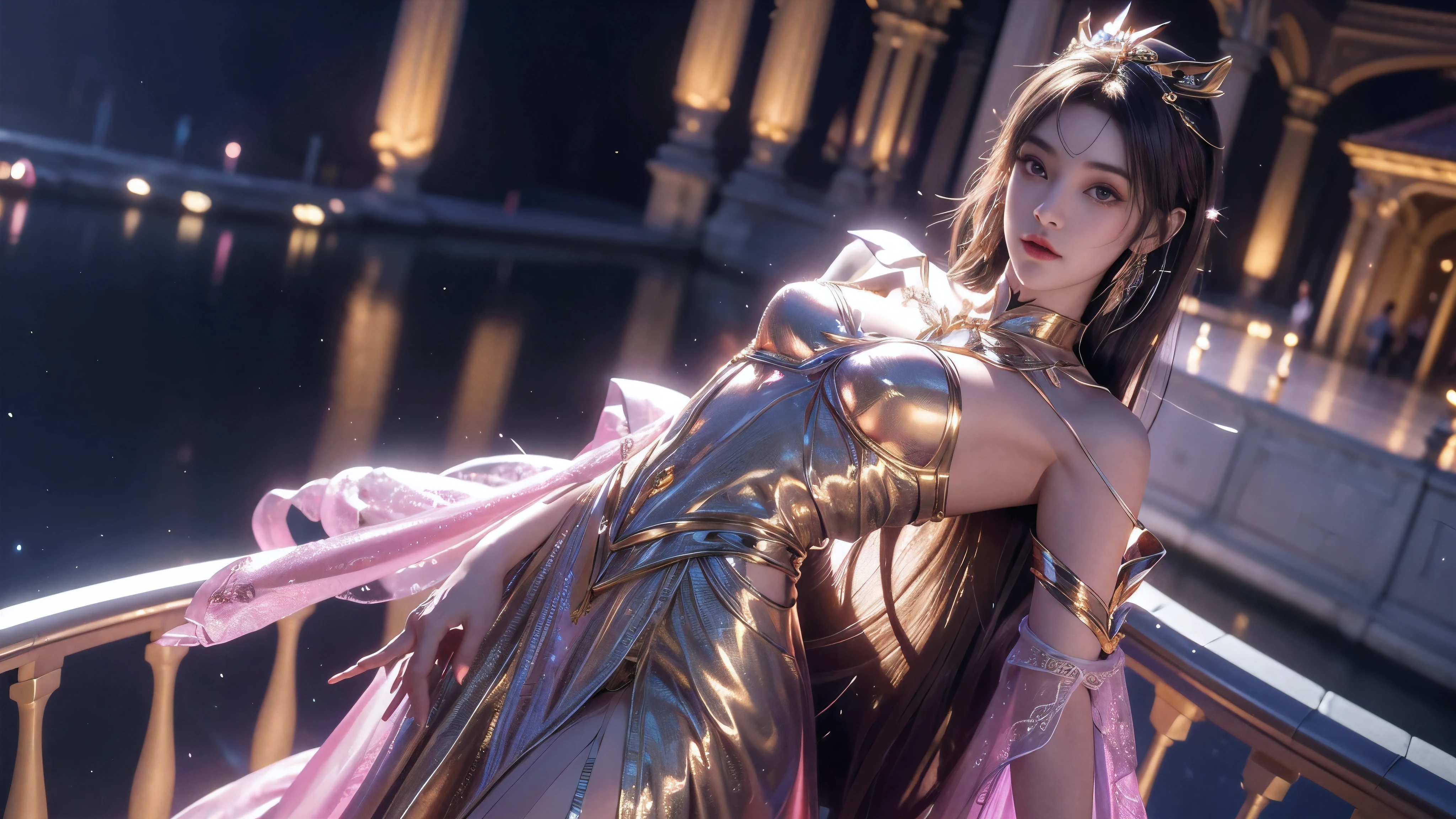 8K, Ultra HD, masterpiece, best quality, 1 girl, ((Realistic face)), Happy pace, Very long hair, Small Breasts, Perfect waist, Decorated Dress, very beautiful Decorations dress, golden, ((Lace)), Mesh dress, Flowing mesh cape, sardine, cycle, ((Decorations)), legendary night balcony, ((night:1.5)), Depth of Field, Movie Lighting, Chromatic Aberration, Motion Blur, Glowing lights, Divine Light, Ray Tracing, ((reflected light)), Backlight, bloom, Chromatic Aberration abuse, Various solid colors, Abdominal poses,