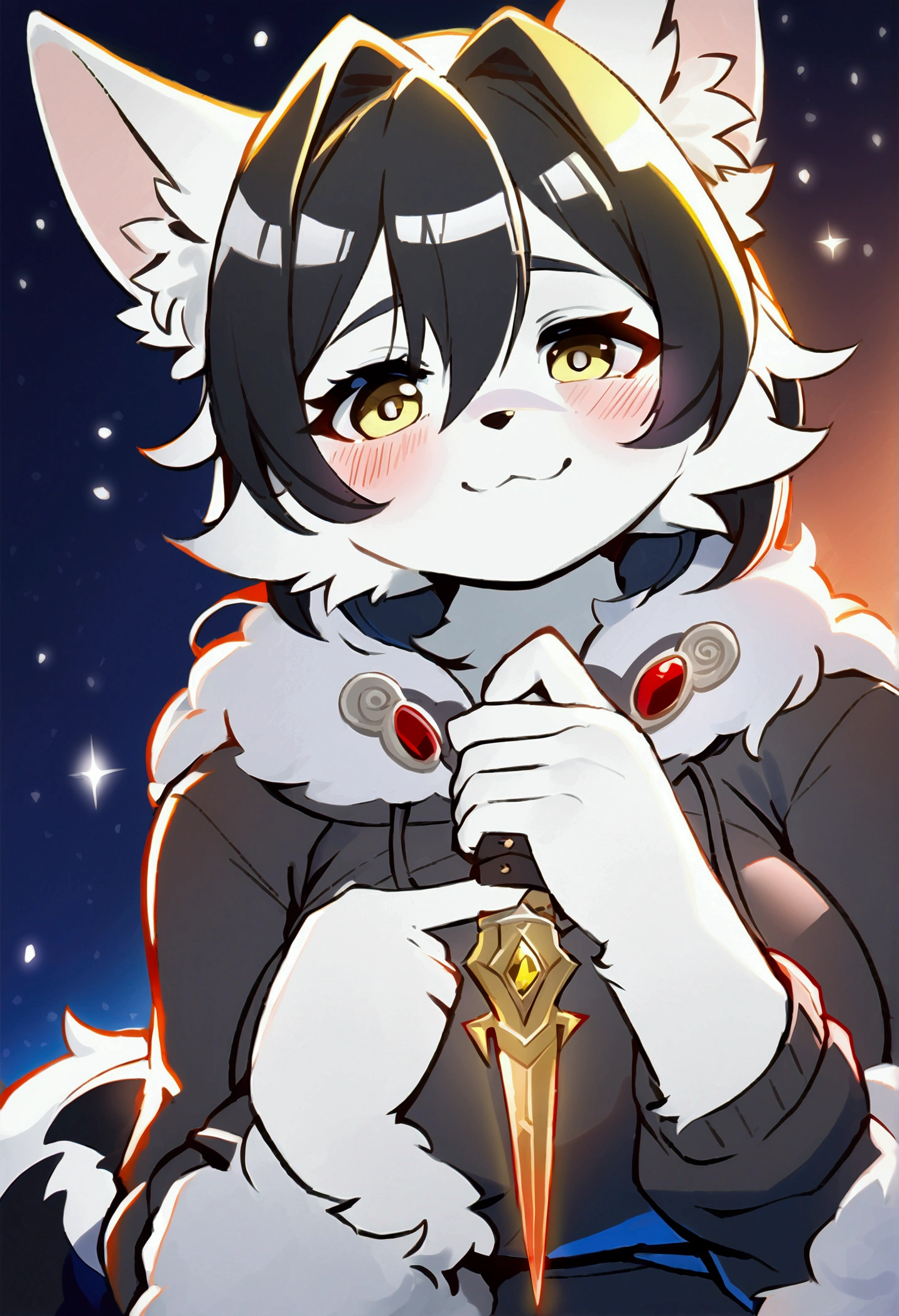 top quality, best quality, High-quality illustrations, masterpiece, 16k, 1080p, uploaded on e621)(kemono, furry, anthro, alone), round, 1 female, hot mother figure, very detailed body face and eyes, white fox, Tiare, (Alchemy Stars), white fur, fluff, big breasts, tail, perfect eyes, yellow eyes, black hair, beautiful winter clothes, winter hoodie on, holding a dagger, beautiful night, body movement, body twitching, shy smile, red blushing,