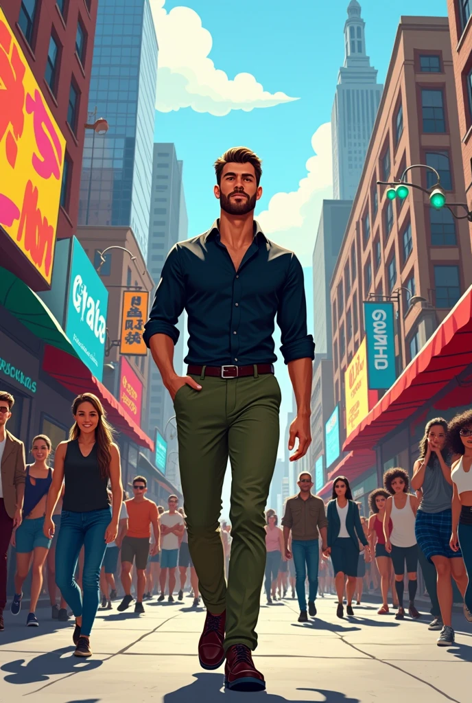 A man wearing black formal shirt and olive trousers and shoes walking through a crowded metropolitan city ( cartoon)