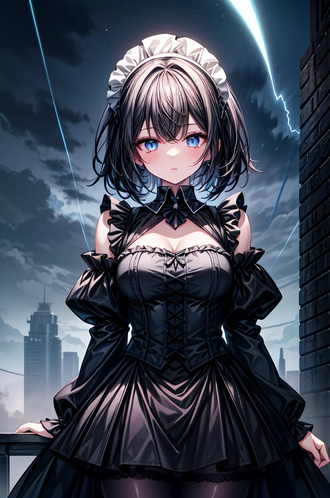 A powerful yet endearing young girl with long, jet-black hair, partially veiling one of her bright, clear blue eyes, adding a touch of mystery. The exposed eye features intricate details that sparkle with both intensity and a hint of innocence. She wears a black maid outfit with a modern, armored twist, emphasizing a Gothic-inspired upper body design with frilly details that enhance her youthful charm. Her lower half is dressed in a black mini skirt and black tights, complementing the outfit. She holds an ornate sword confidently, surrounded by a glowing, magical aura. The scene is viewed from a slightly elevated angle that captures both the girl's full attire and the dramatic stormy sky background, ensuring that both elements are prominently visible. Her expression is one of poised elegance and subtle determination, fitting for a maid who is both refined and capable. Her softly glowing skin contrasts with the dark outfit, and ethereal effects like glowing particles and lightning arcs enhance her presence against the stormy backdrop.