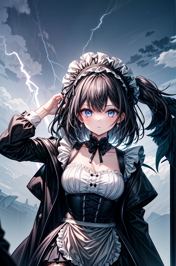 A powerful yet endearing young girl with long, jet-black hair, partially veiling one of her bright, clear blue eyes, adding a touch of mystery. The exposed eye features intricate details that sparkle with both intensity and a hint of innocence. She wears a black maid outfit with a modern, armored twist, emphasizing a Gothic-inspired upper body design with frilly details that enhance her youthful charm. Her lower half is dressed in a black mini skirt and black tights, complementing the outfit. She holds an ornate sword confidently, surrounded by a glowing, magical aura. The scene is viewed from a slightly elevated angle that captures both the girl's full attire and the dramatic stormy sky background, ensuring that both elements are prominently visible. Her expression is one of poised elegance and subtle determination, fitting for a maid who is both refined and capable. Her softly glowing skin contrasts with the dark outfit, and ethereal effects like glowing particles and lightning arcs enhance her presence against the stormy backdrop.