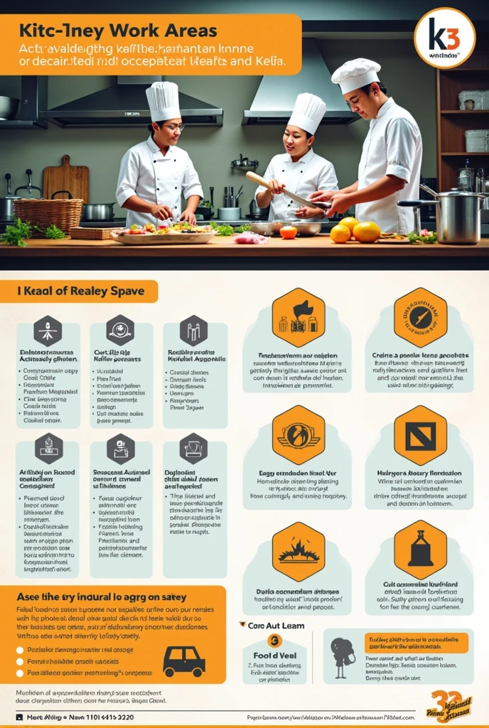 make a folio size poster /f4 which is interesting, informative, easy to read and easy to understand about the application of K3 in the kitchen work area according to the information you get