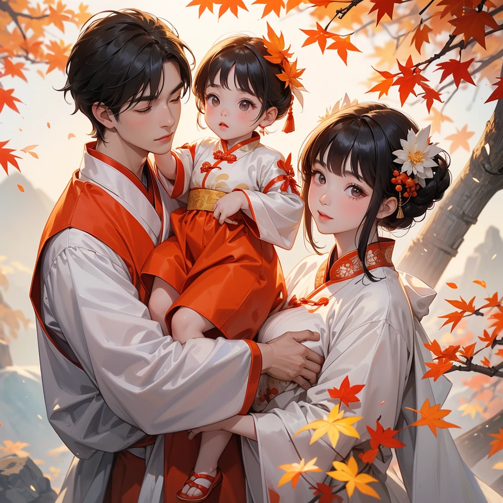 A one-year-old baby boy in an ancient Chinese baby costume with his beautiful mother, dressed in an white ancient Chinese costume, The backdrop is a mountain that turns orange-red in spring, and maple leaves fall from the trees, playing with each other, with his handsome father standing next to his mother, close up.