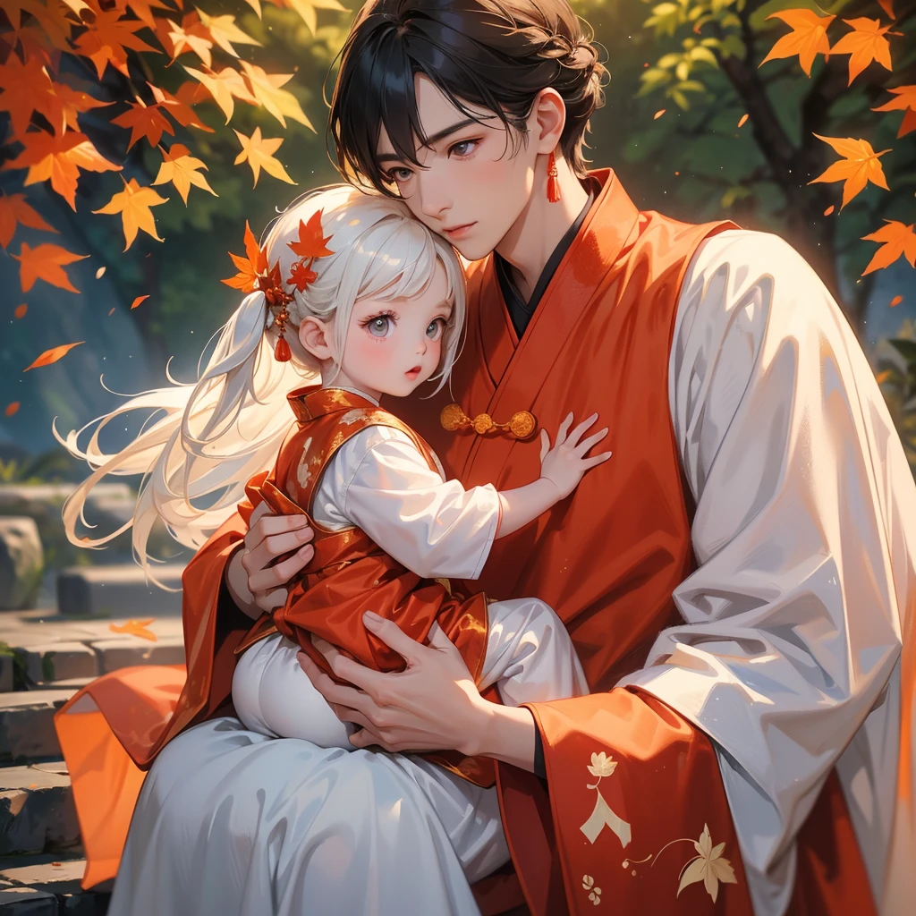 A one-year-old baby boy in white ancient Chinese baby costume with his beautiful mother, dressed in an ancient Chinese costume, The backdrop is a mountain that turns orange-red in spring, and maple leaves fall from the trees, playing with each other, with his handsome father standing next to his mother, close up