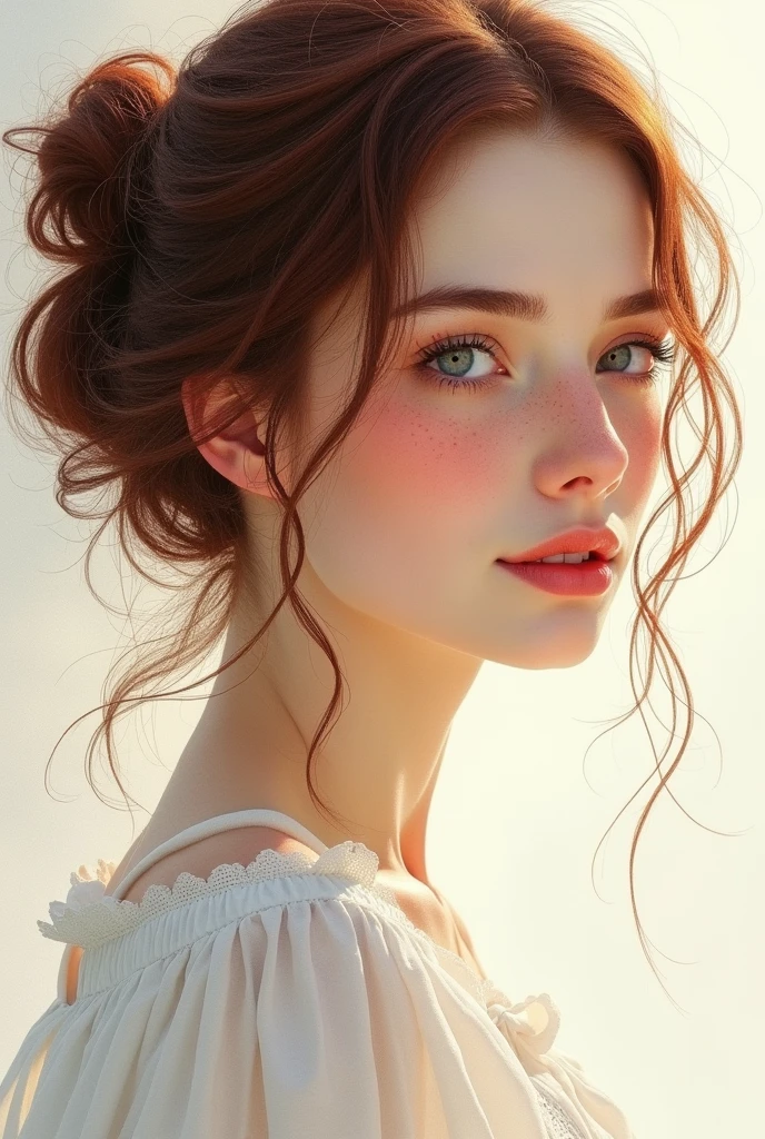 Best image quality, masterpiece level, ultra-high resolution. illustration Art, water color, fantasy theme, facial details, a eastern european woman in 20's, hair bun, playing and kissing. fairy tale theme, upper body, get detailed outdoor lighting and movie lighting, increase detailed overall ambient light, face and eye details, improve the realism of body details, clearly express sharp focus, expressionless, white clothes, burgundy hair, bright eyes, simple background.
