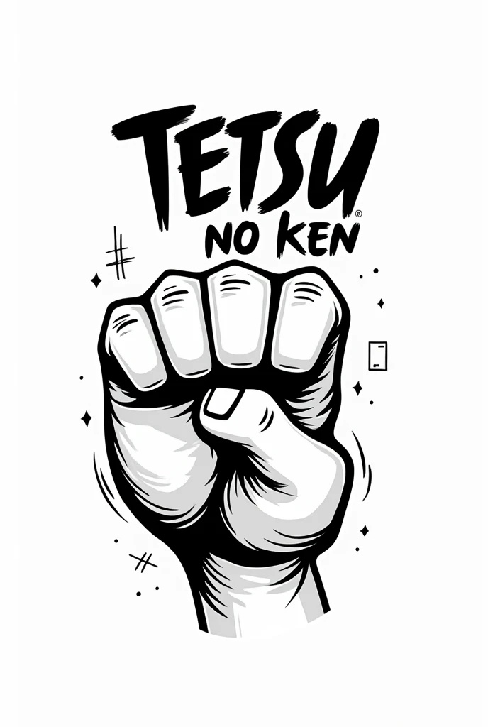 Create an iron fist logo with the name TETSU no ken. Cartoon that is not colored simple cartoon