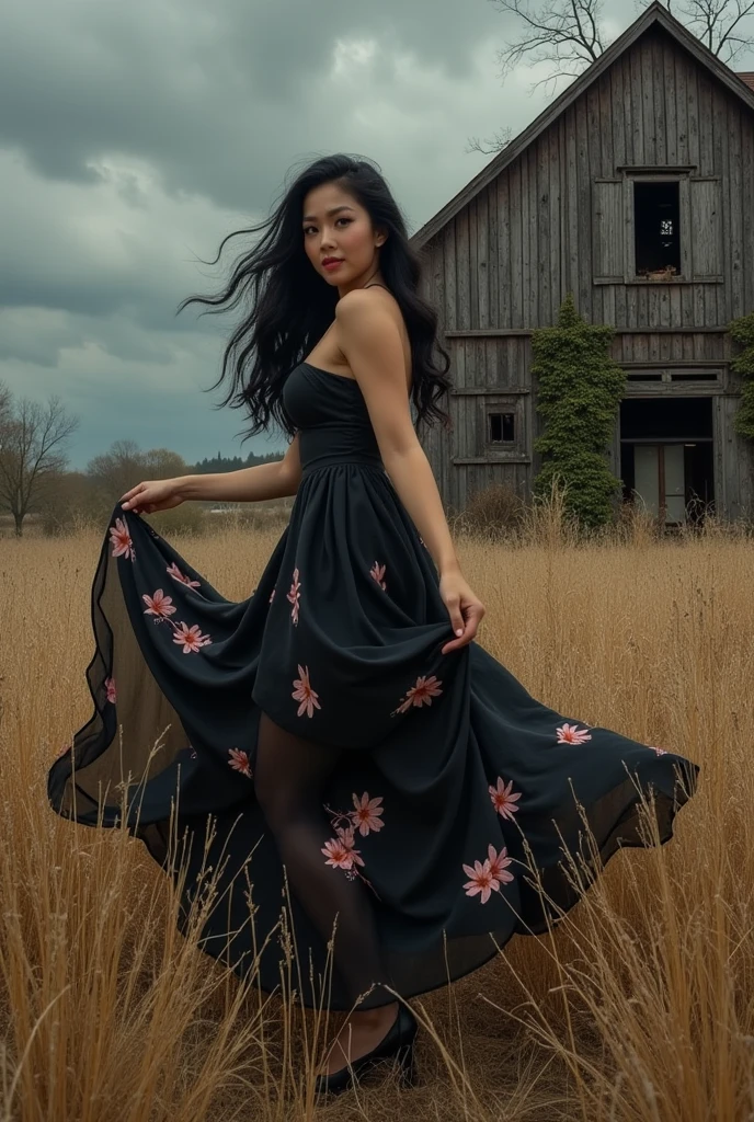 ((best quality)), ((masterpiece)), (detailed), Professional portrait, a curvy Asian woman with long black hair, wearing a black floral dress, wearing  boots, standing with dynamic pose in the middle of dry weeds, a large old unkempt mill is visible, there is a dark cloudy sky, giving a cloudy atmosphere in the afternoon