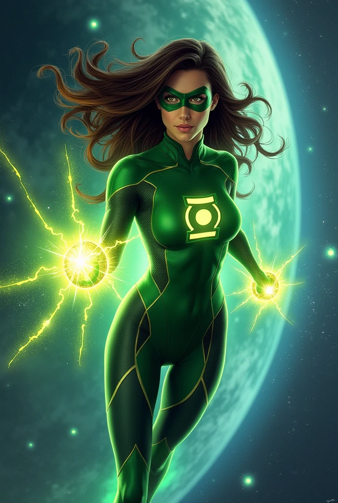 Green Lantern brunette woman flying towards a planet,beautiful,royal with his power ring shining,with a mask throwing rays from his ring