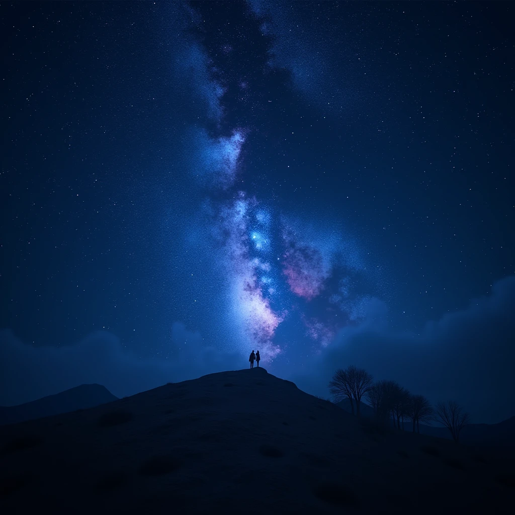 starlit night, shimmering stardust, dramatic lighting, deep blue and purple tones, (best quality,4k,8k,highres,masterpiece:1.2),ultra-detailed,(realistic,photorealistic,photo-realistic:1.37),cinematic composition, dramatic chiaroscuro lighting, moody atmosphere, intricate star patterns, ethereal beauty, mystical ambience