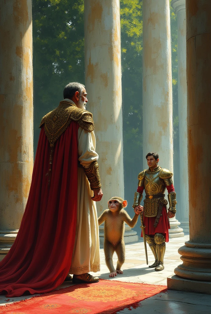 10. **Monkey Sent Away**: The final scene where the king, still with a bandage on his nose, is standing at the palace gate as the monkey is being led away by a palace guard. The monkey looks back sadly at the king, while the king watches with a somber expression.